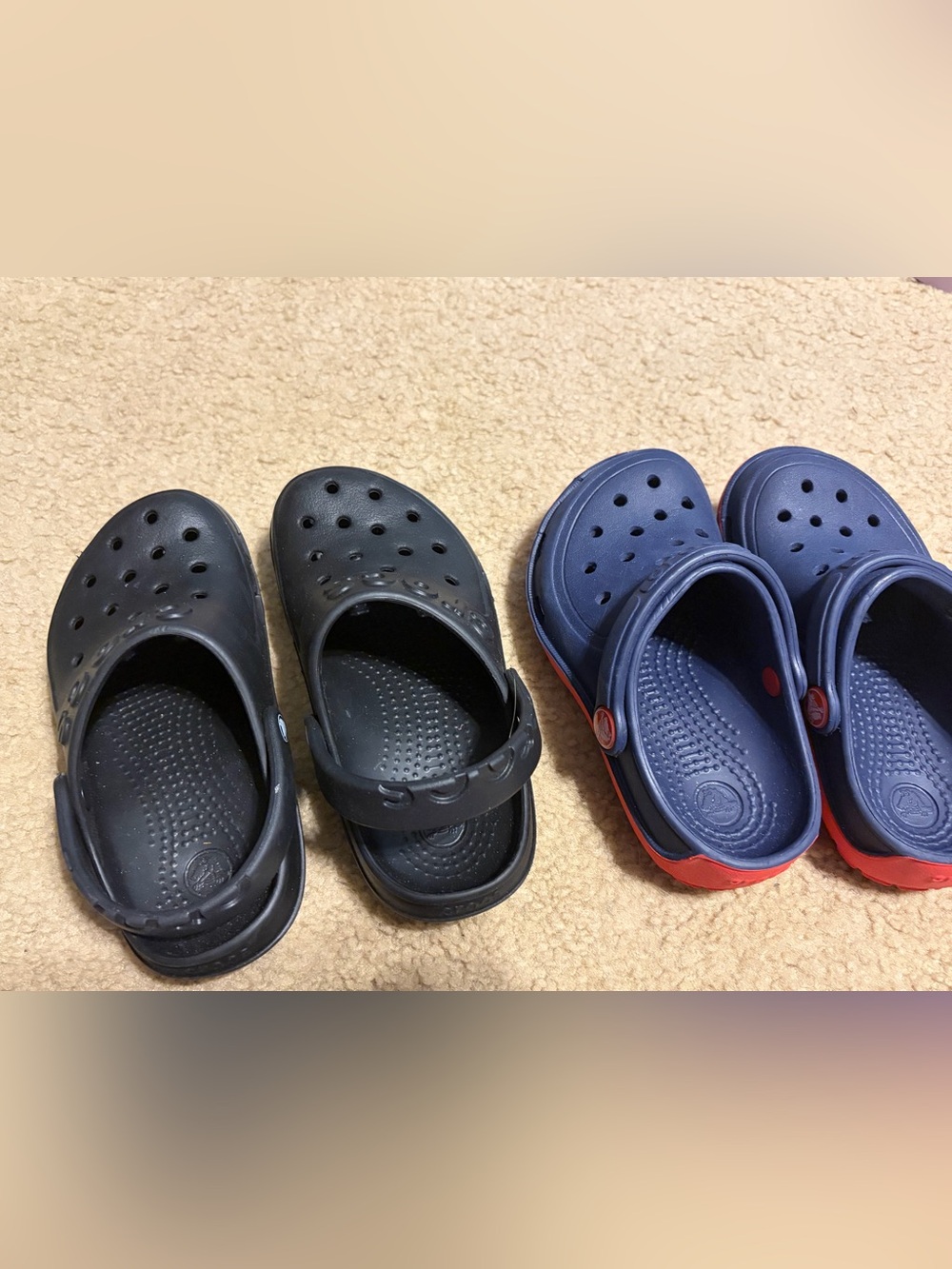 CROCS Kids Classic Clogs in Black and Navy with Red Accent lot of 2